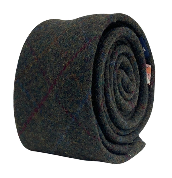 skinny dark green tweed tie with red and blue windowpane design